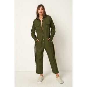 Rue Stiic Womens size Small Preston Linen Blend Cropped Jumpsuit Khaki Green